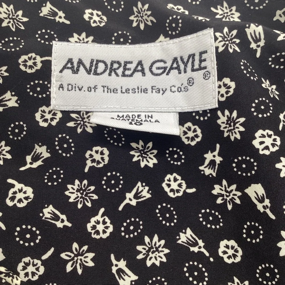 Vintage Andrea Gayle Floral Dress Suit Set Size 10 Black White Pearl Button - Picture 9 of 12
